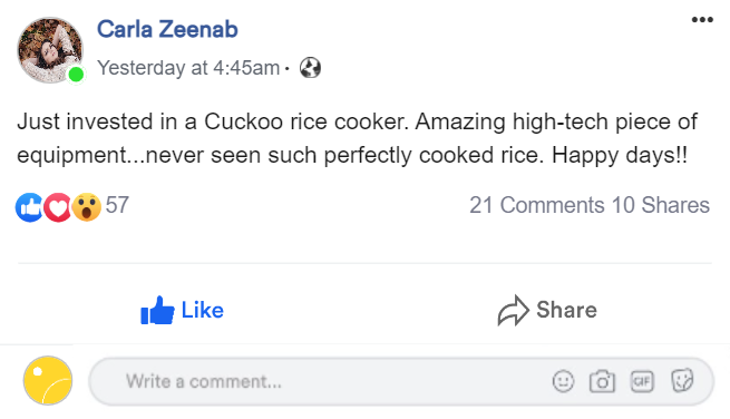 cuckoo rice cooker review facebook post
